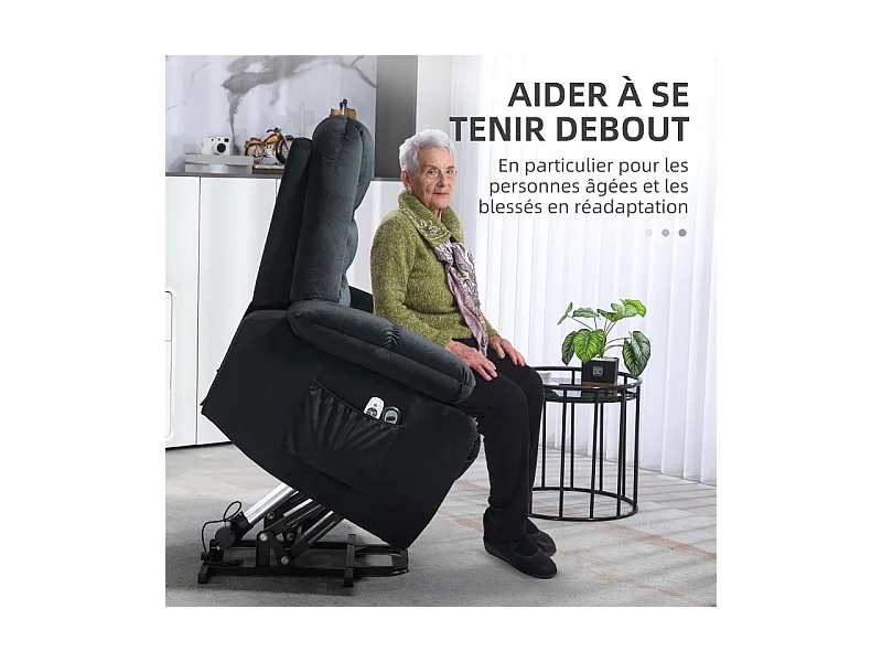 Fauteuil de massage releveur chauffant - 2 télécommandes - velours noir