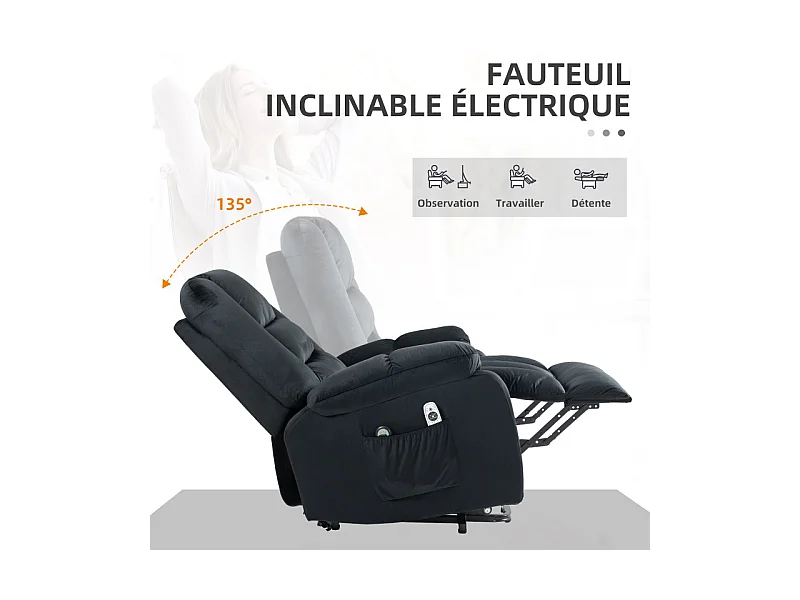 Fauteuil de massage releveur chauffant - 2 télécommandes - velours noir
