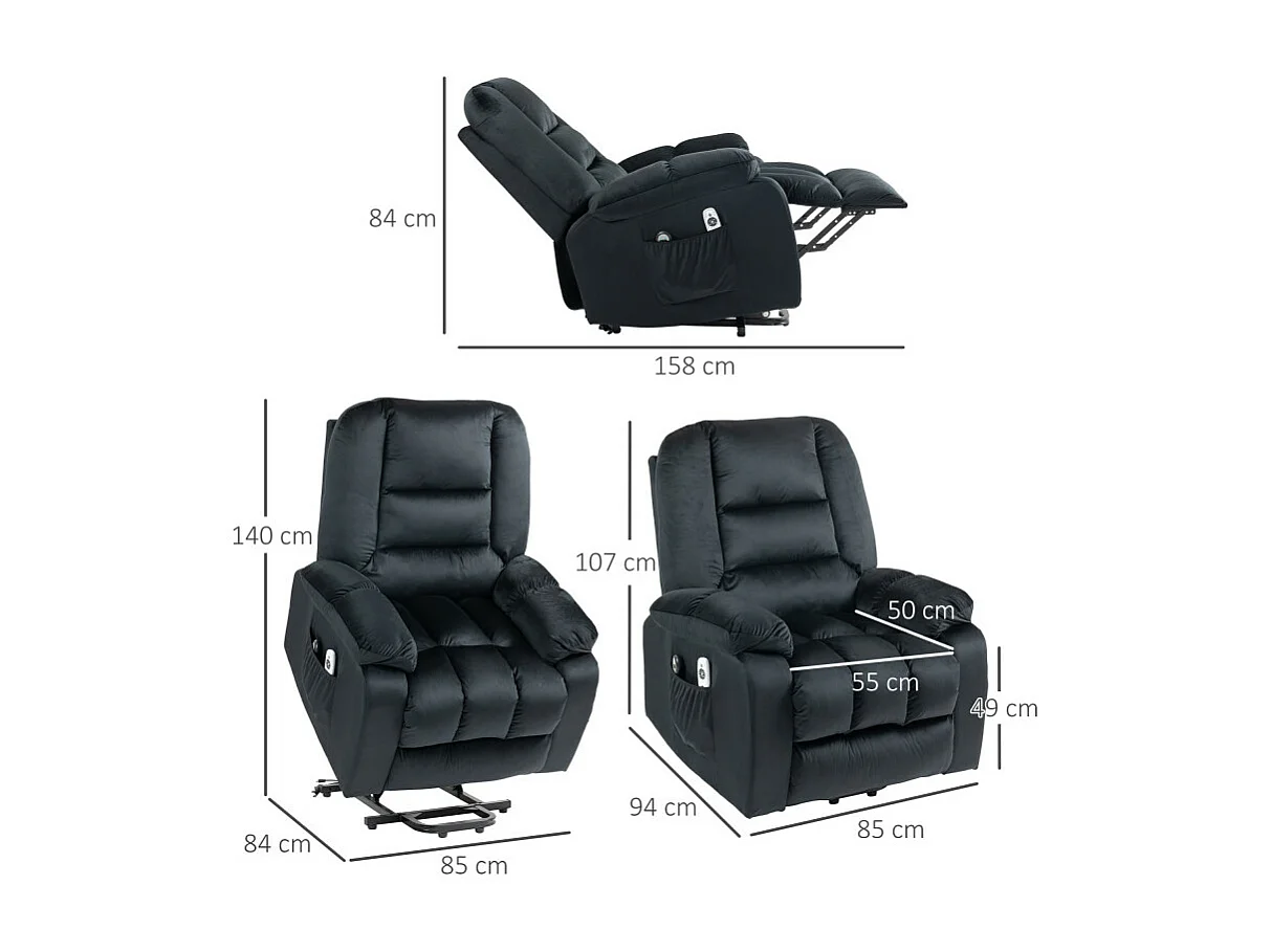 Fauteuil de massage releveur chauffant - 2 télécommandes - velours noir