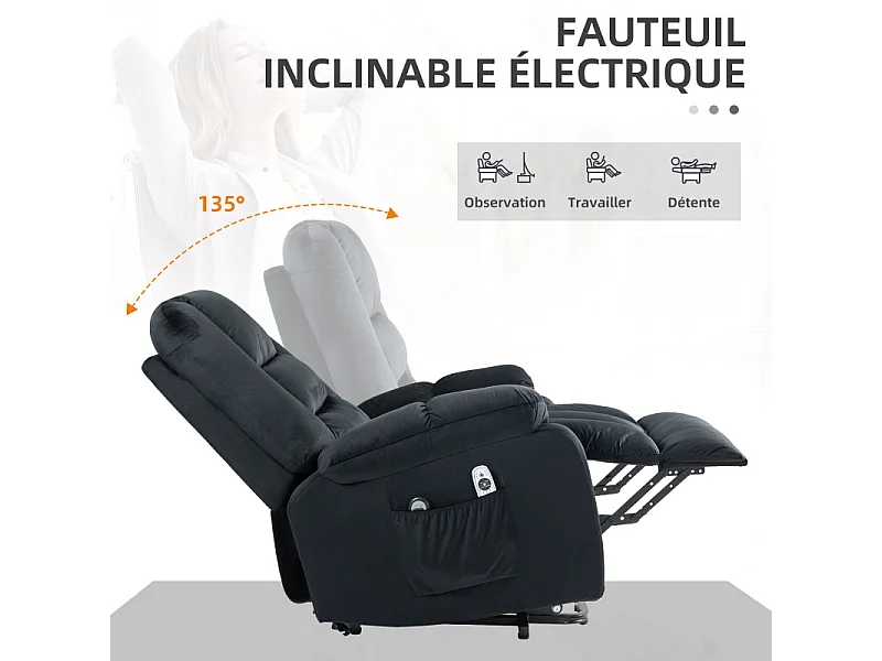 Fauteuil de massage releveur chauffant - 2 télécommandes - velours noir