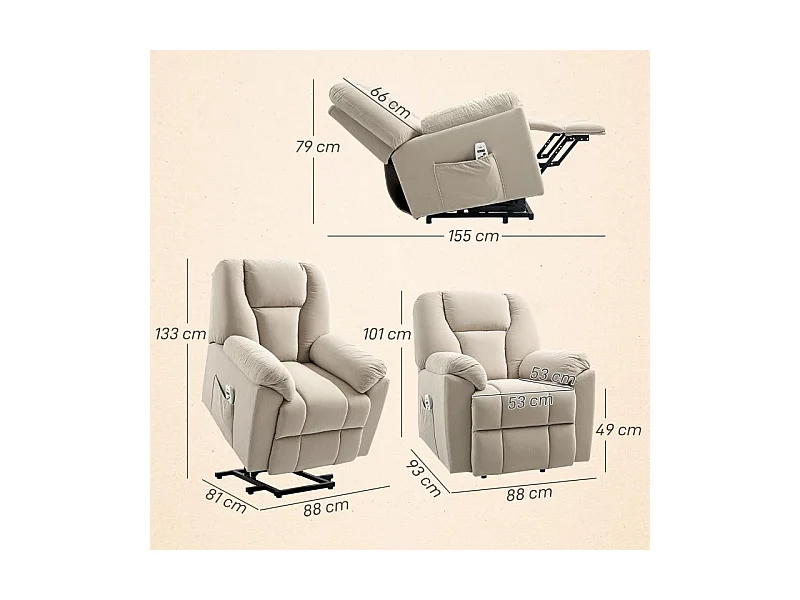 Fauteuil releveur massant chauffant inclinable relevable tissu beige