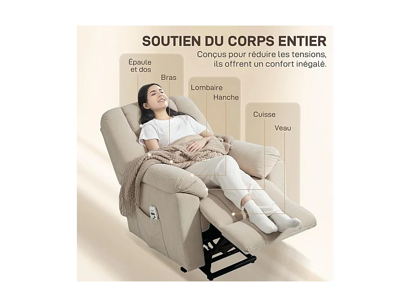 Fauteuil releveur massant chauffant inclinable relevable tissu beige