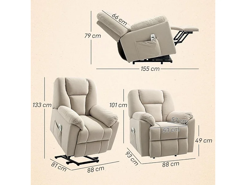 Fauteuil releveur massant chauffant inclinable relevable tissu beige