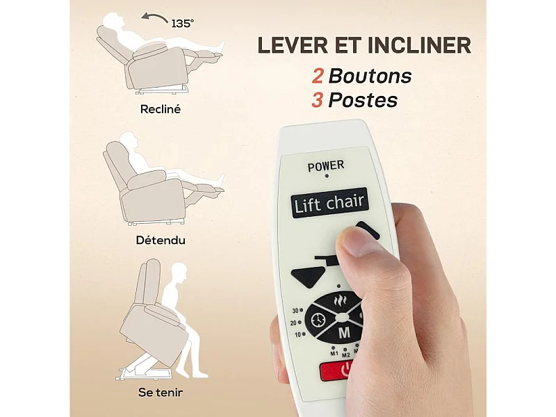 Fauteuil releveur massant chauffant inclinable relevable tissu beige