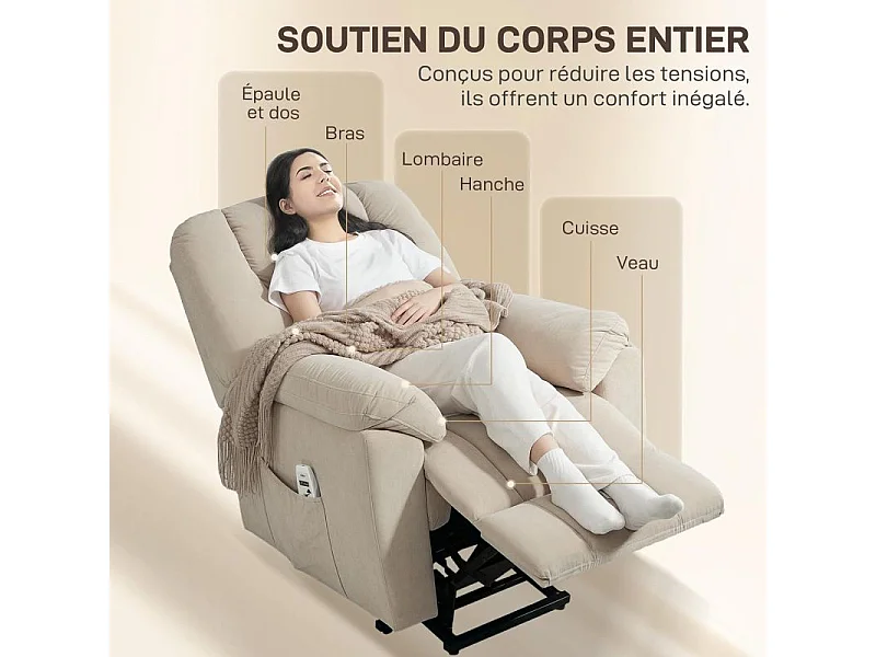 Fauteuil releveur massant chauffant inclinable relevable tissu beige