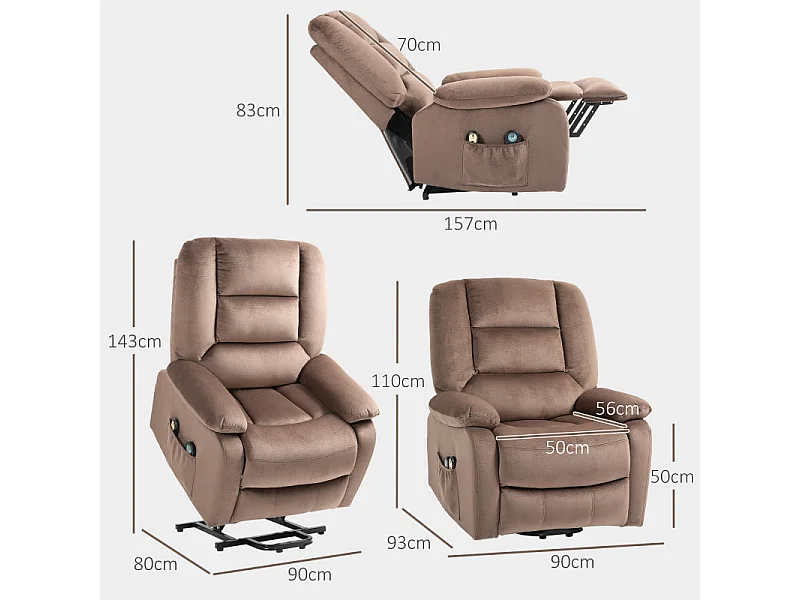 Fauteuil releveur massant chauffant inclinable effet velours marron