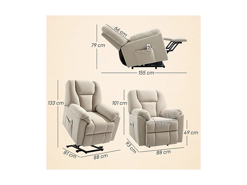 Fauteuil releveur massant chauffant inclinable relevable tissu beige