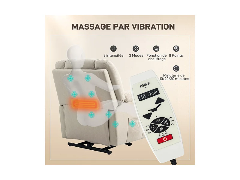 Fauteuil releveur massant chauffant inclinable relevable tissu beige