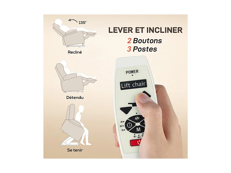 Fauteuil releveur massant chauffant inclinable relevable tissu beige