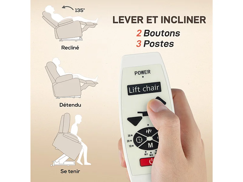 Fauteuil releveur massant chauffant inclinable relevable tissu beige