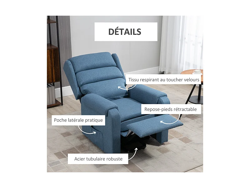 Fauteuil releveur de relaxation inclinable tissu bleu