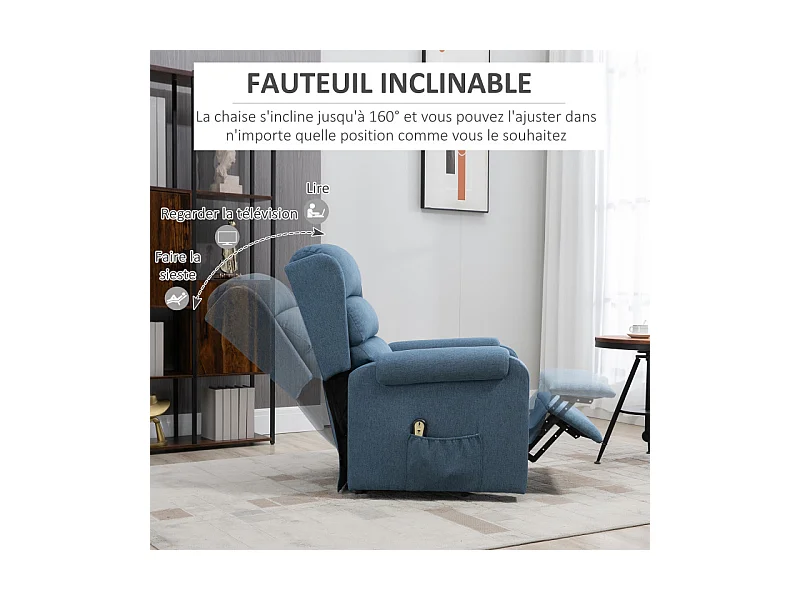 Fauteuil releveur de relaxation inclinable tissu bleu