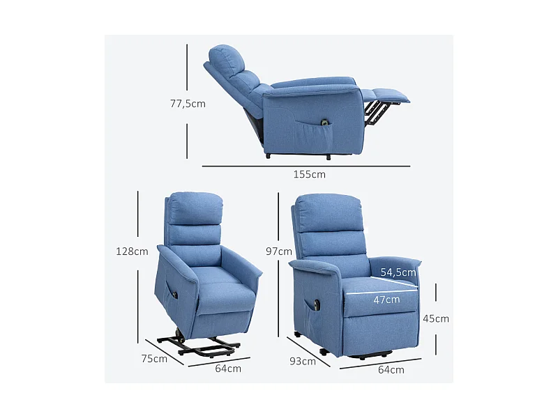 Fauteuil releveur de relaxation réglable électrique tissu bleu