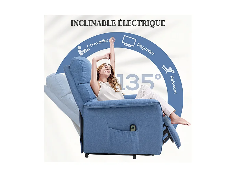 Fauteuil releveur de relaxation réglable électrique tissu bleu
