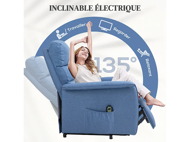 Fauteuil releveur de relaxation réglable électrique tissu bleu