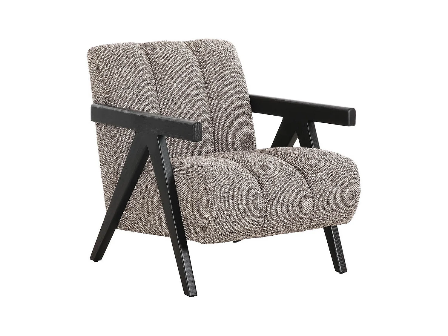 SIGNOR - Fauteuil vintage tissu beige accoudoirs et pieds en bois teinté wengé