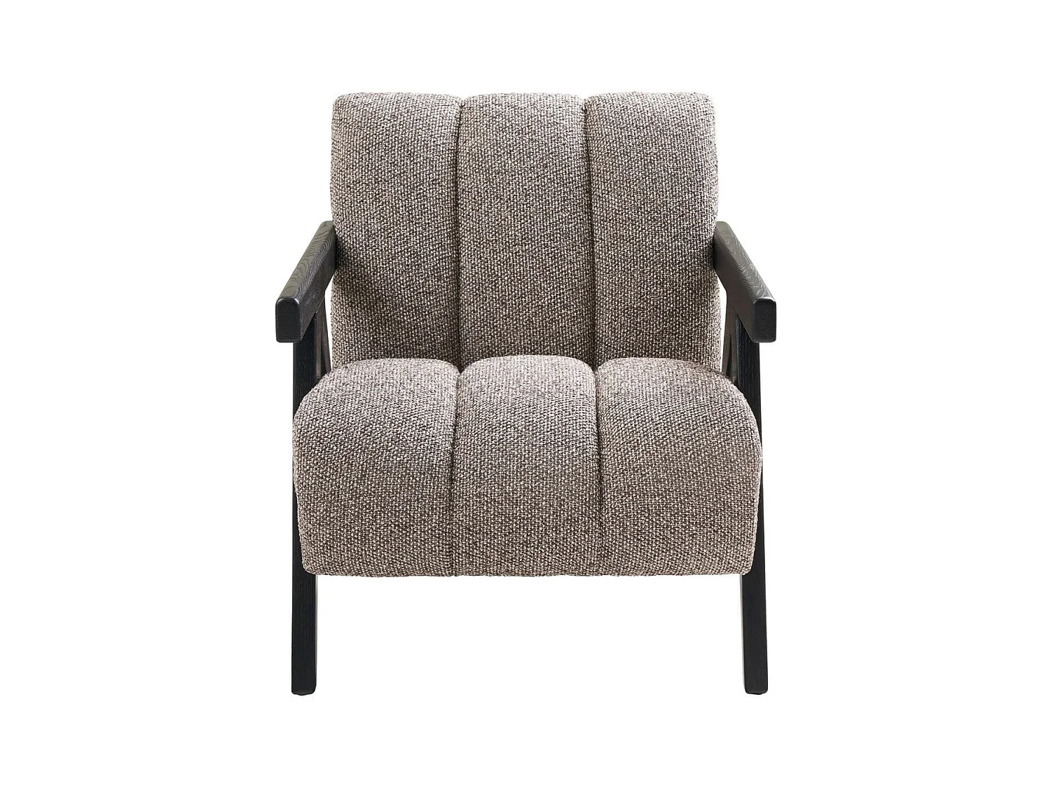 SIGNOR - Fauteuil vintage tissu beige accoudoirs et pieds en bois teinté wengé