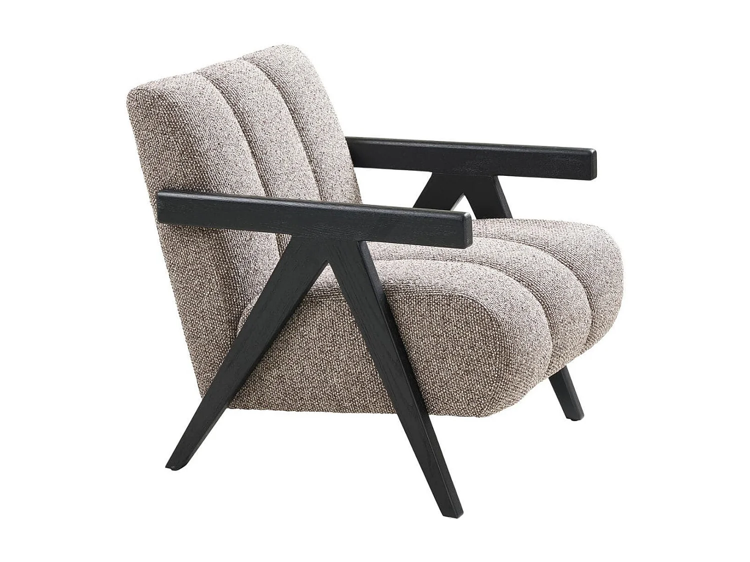 SIGNOR - Fauteuil vintage tissu beige accoudoirs et pieds en bois teinté wengé