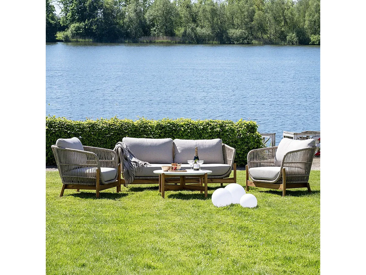 LORIENA - Canapé de Jardin 2 Places en Acacia et Corde Beige avec Coussins