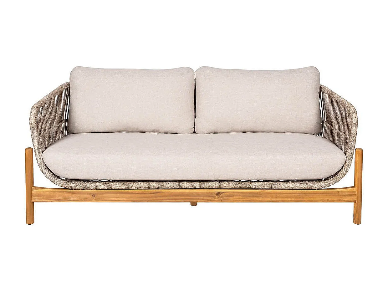 LORIENA - Canapé de Jardin 2 Places en Acacia et Corde Beige avec Coussins