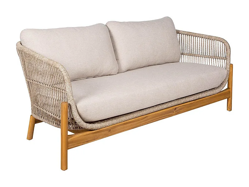 LORIENA - Canapé de Jardin 2 Places en Acacia et Corde Beige avec Coussins