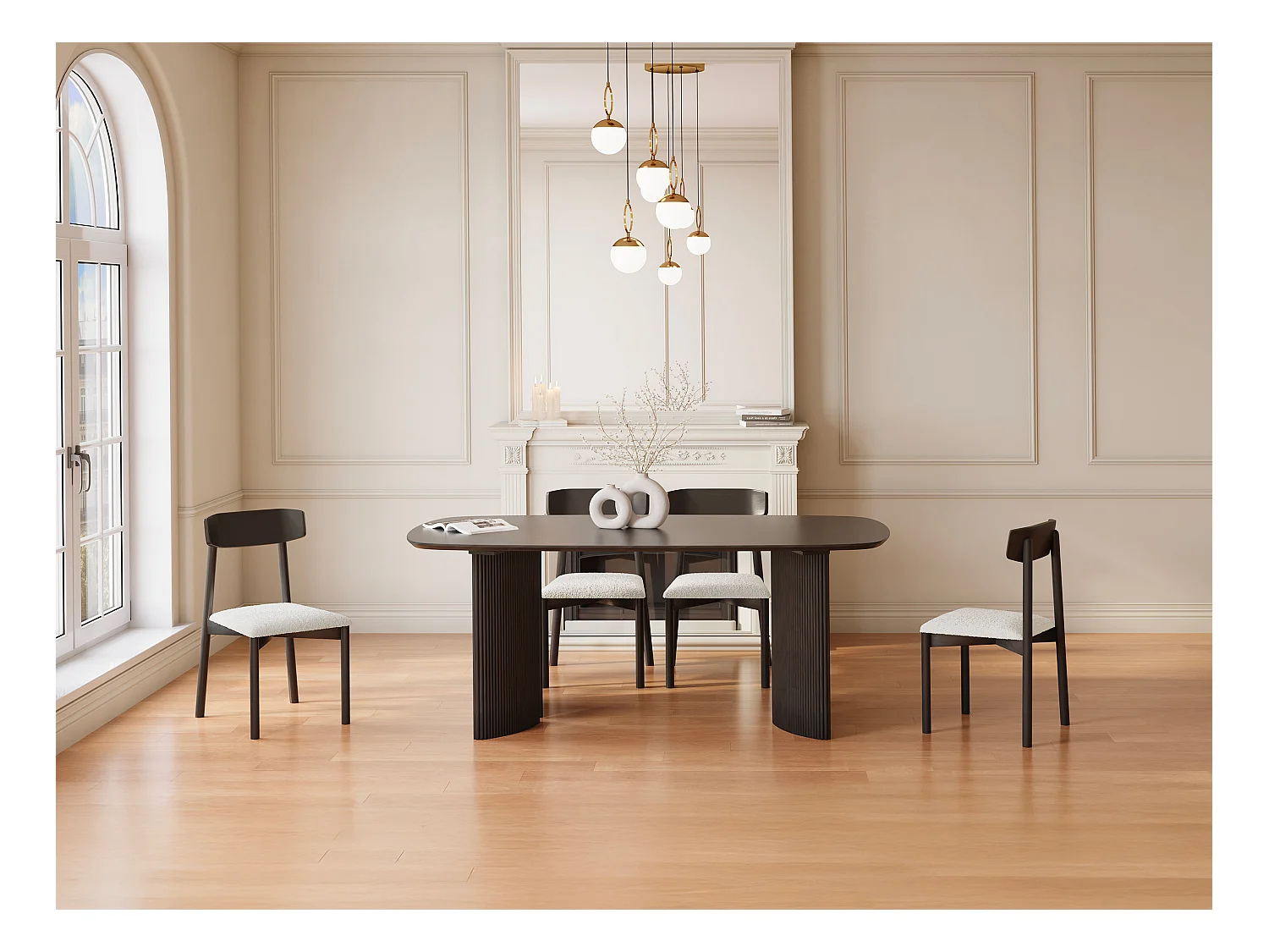 Lot de 6 chaises en tissu bouclette et bois de manguier noir - Blanc - TAMENIA de Maison Céphy