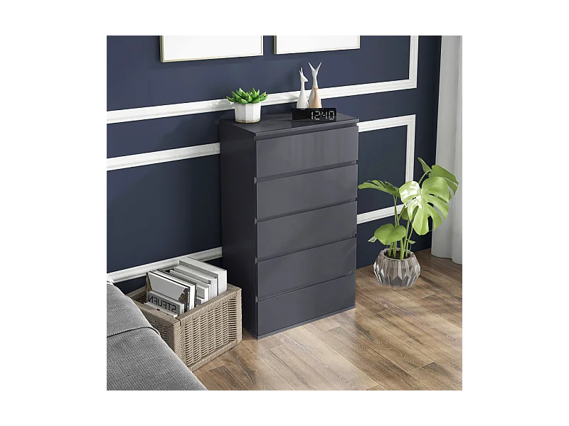 Commode 5 tiroirs style contemporain laqué gris