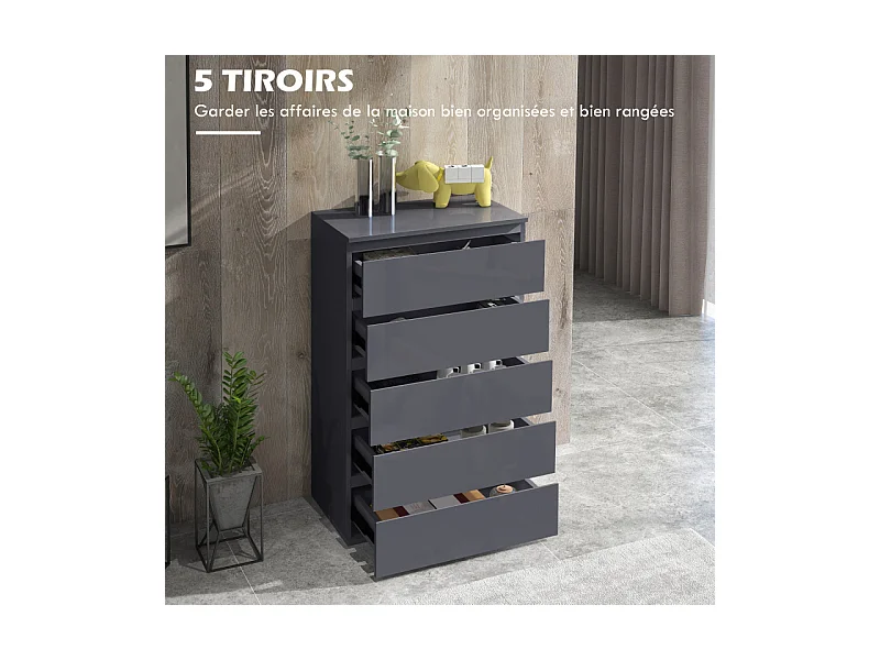 Commode 5 tiroirs style contemporain laqué gris
