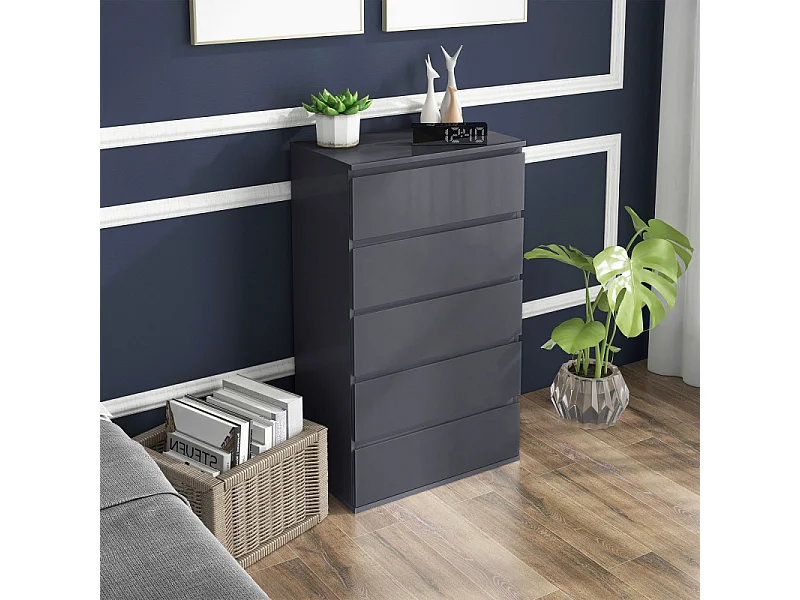 Commode 5 tiroirs style contemporain laqué gris