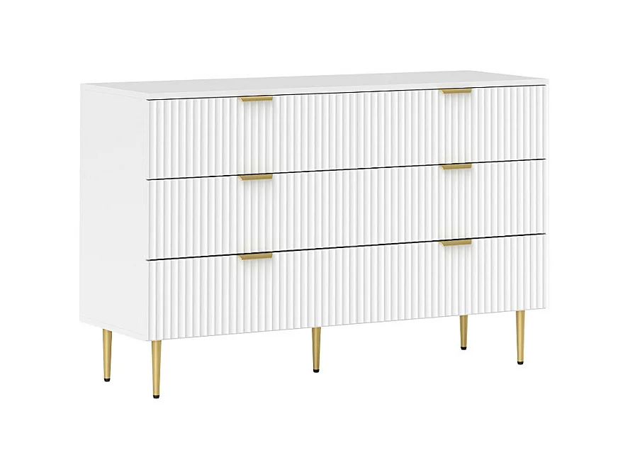 Commode 6 tiroirs design effet cannelé piètement poignées métal doré blanc