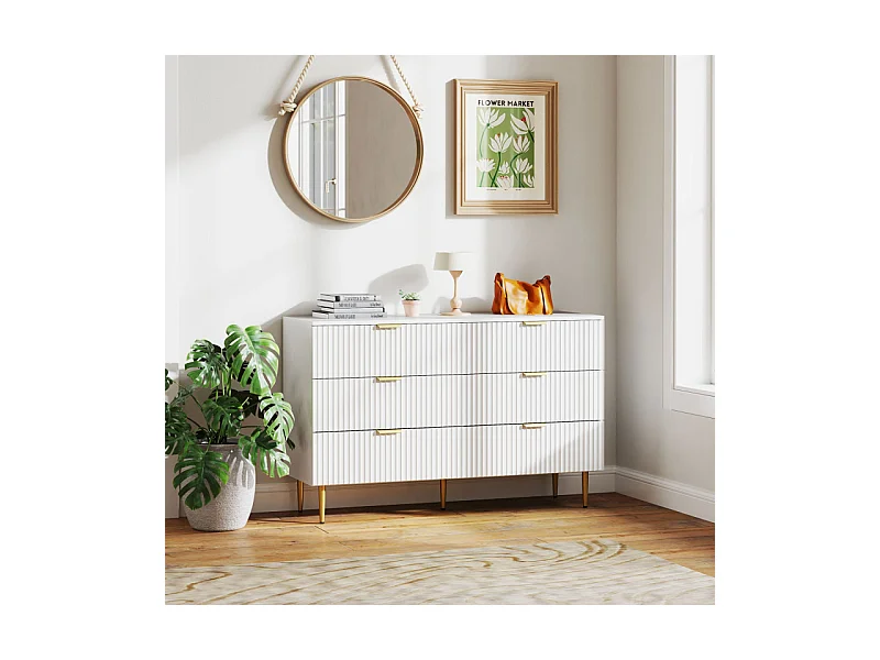 Commode 6 tiroirs design effet cannelé piètement poignées métal doré blanc