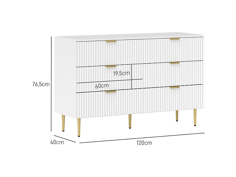 Commode 6 tiroirs design effet cannelé piètement poignées métal doré blanc