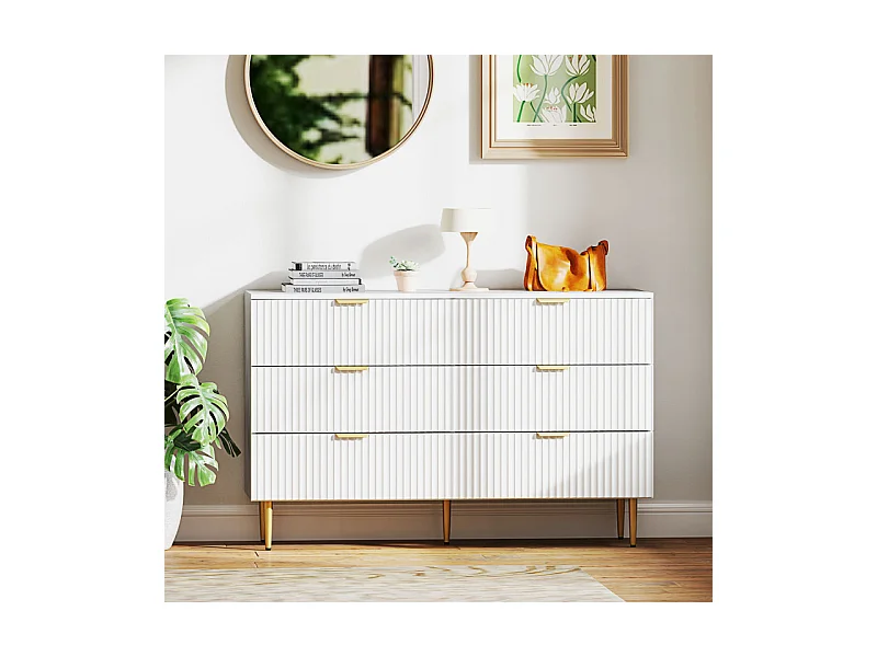 Commode 6 tiroirs design effet cannelé piètement poignées métal doré blanc