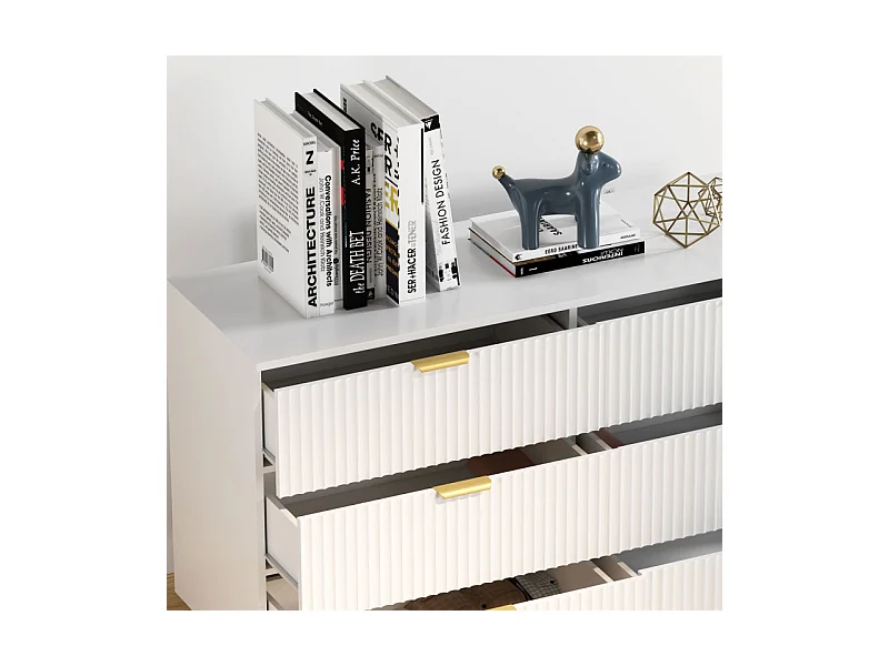 Commode 6 tiroirs design effet cannelé piètement poignées métal doré blanc