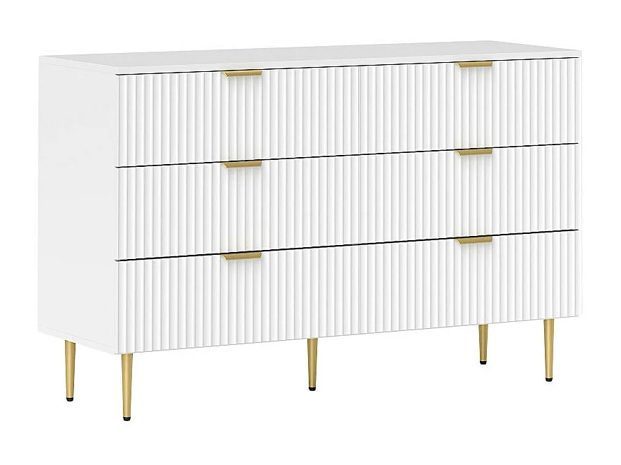 Commode 6 tiroirs design effet cannelé piètement poignées métal doré blanc