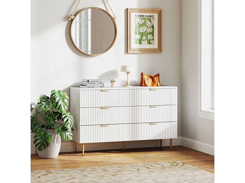 Commode 6 tiroirs design effet cannelé piètement poignées métal doré blanc