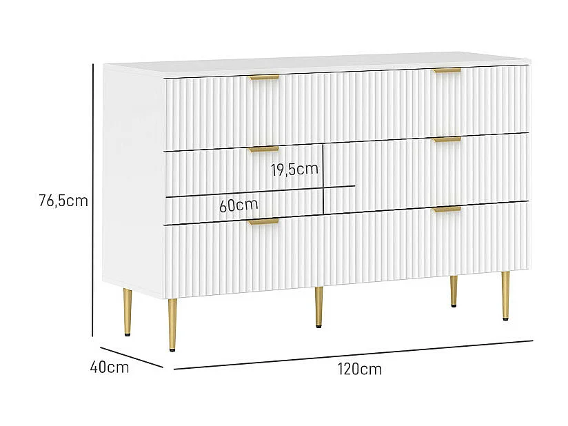 Commode 6 tiroirs design effet cannelé piètement poignées métal doré blanc