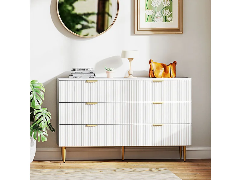 Commode 6 tiroirs design effet cannelé piètement poignées métal doré blanc
