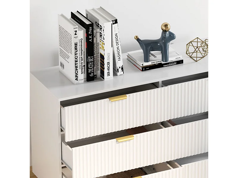Commode 6 tiroirs design effet cannelé piètement poignées métal doré blanc