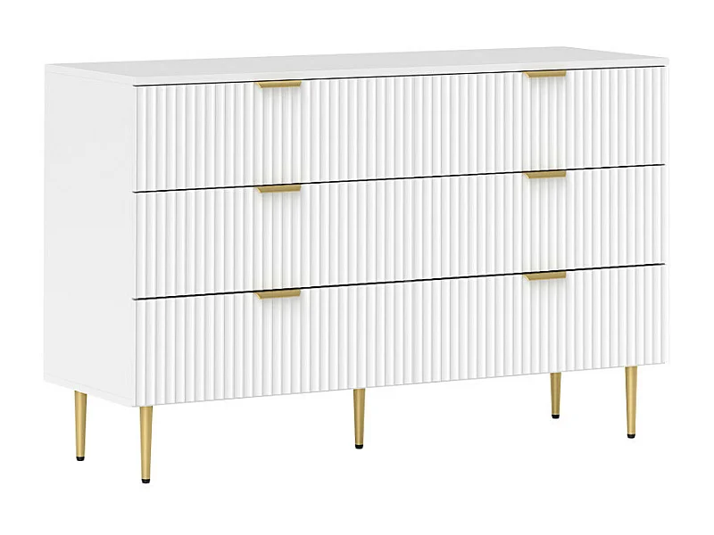 Commode 6 tiroirs design effet cannelé piètement poignées métal doré blanc