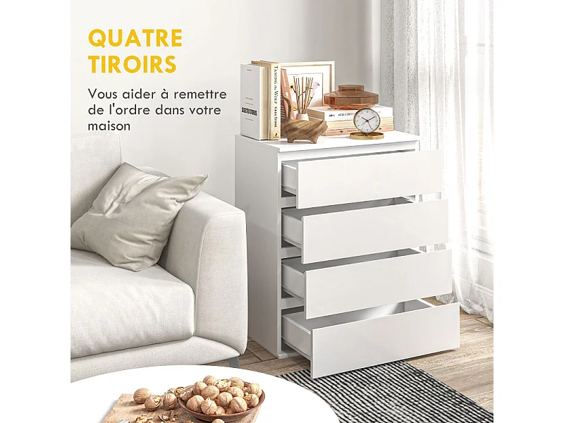 Commode 4 tiroirs dim. 60L x 40l x 80H cm blanc