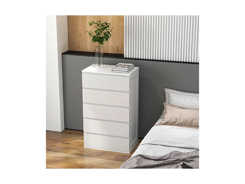 Commode 5 tiroirs style contemporain dim. 60L x 38l x 100H cm blanc