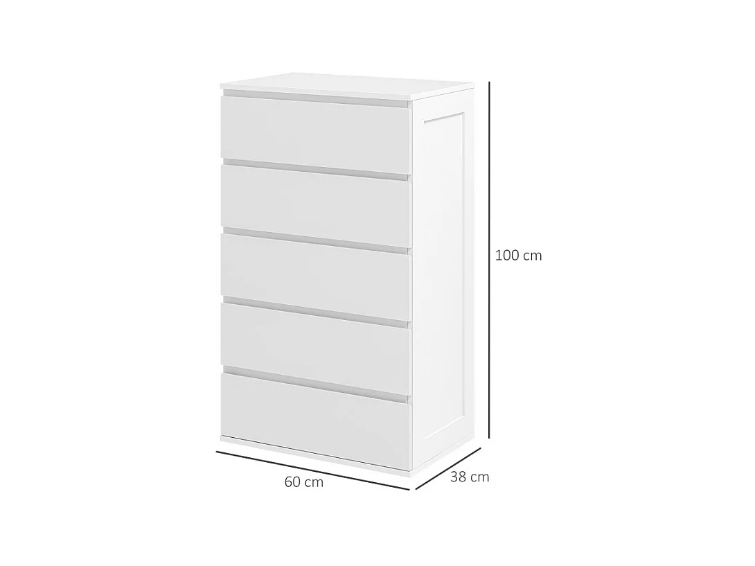 Commode 5 tiroirs style contemporain dim. 60L x 38l x 100H cm blanc