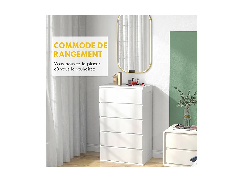 Commode 5 tiroirs style contemporain dim. 60L x 38l x 100H cm blanc