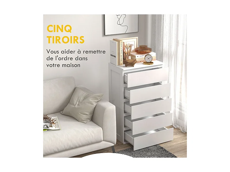 Commode 5 tiroirs style contemporain dim. 60L x 38l x 100H cm blanc