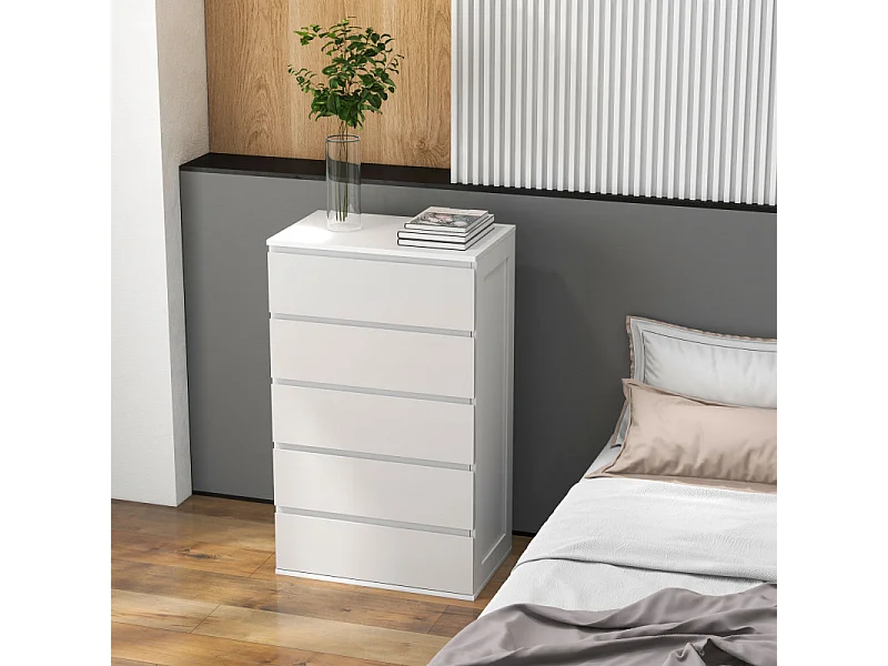 Commode 5 tiroirs style contemporain dim. 60L x 38l x 100H cm blanc