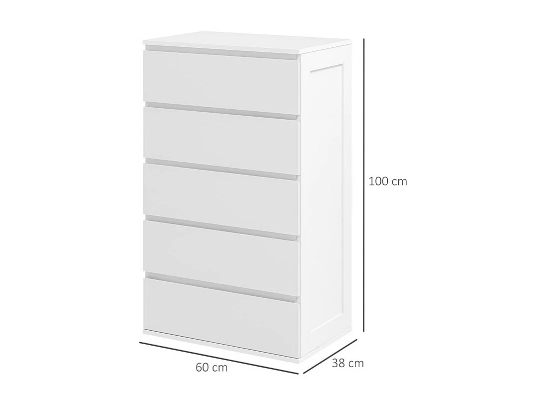 Commode 5 tiroirs style contemporain dim. 60L x 38l x 100H cm blanc