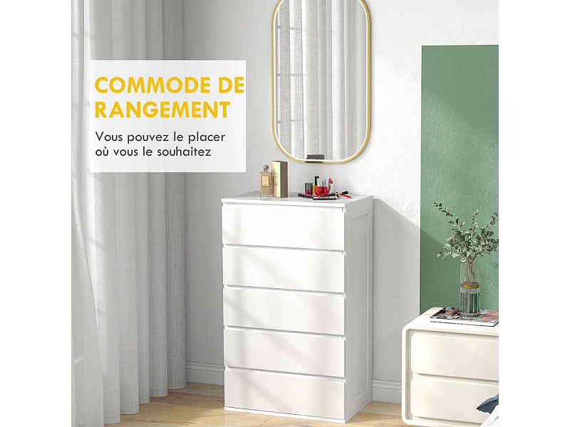 Commode 5 tiroirs style contemporain dim. 60L x 38l x 100H cm blanc