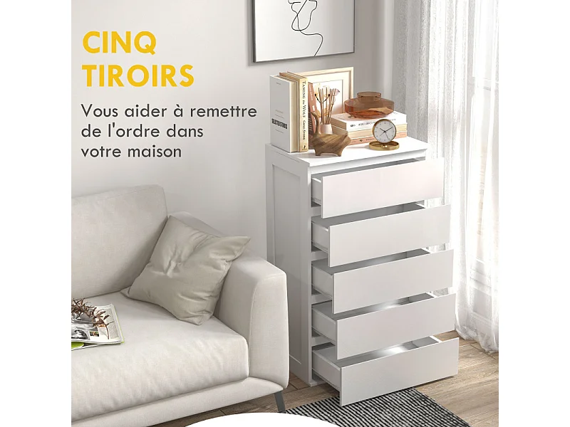 Commode 5 tiroirs style contemporain dim. 60L x 38l x 100H cm blanc