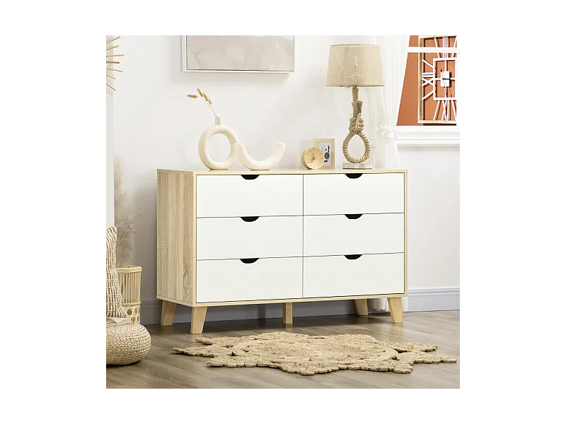 Commode 6 tiroirs design scandinave bois pin panneaux